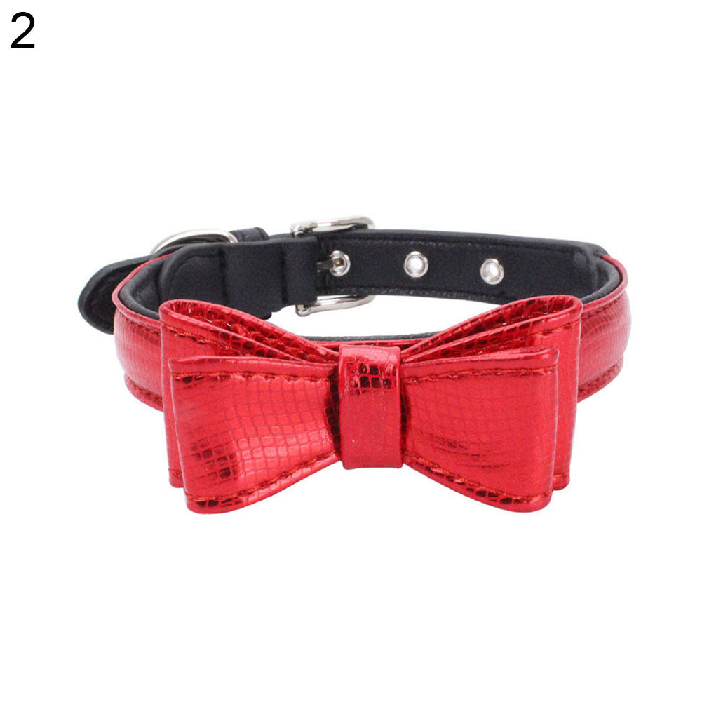Fashion Snake Texture Bowknot Glossy Faux Leather Puppy Dog Collar Pet Necklace