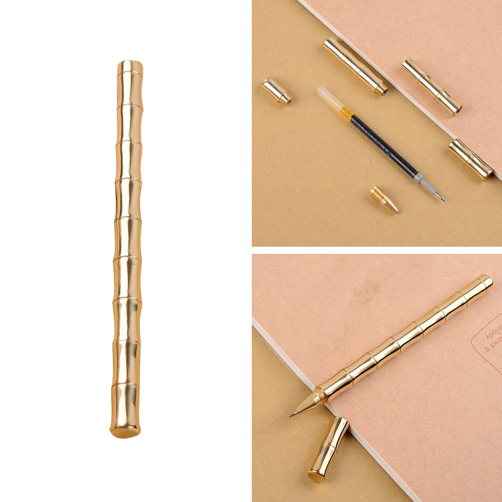 Retro 0.5mm Bamboo Style Metal Brass Black Gel Ink Sign Writing Pen Office Gift