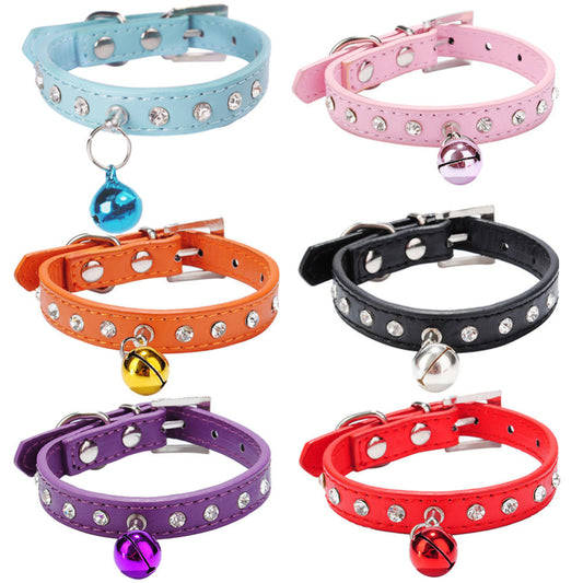 Faux Leather Diamante Cat Dog Puppy Adjustable Safety Pet Collar Buckle Bell