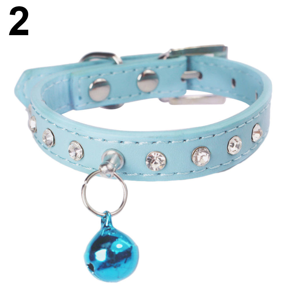 Faux Leather Diamante Cat Dog Puppy Adjustable Safety Pet Collar Buckle Bell