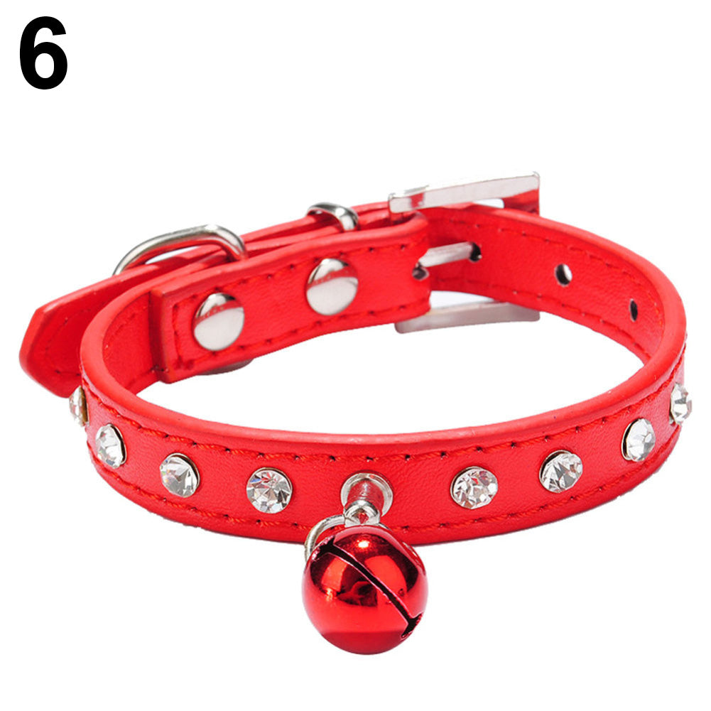 Faux Leather Diamante Cat Dog Puppy Adjustable Safety Pet Collar Buckle Bell