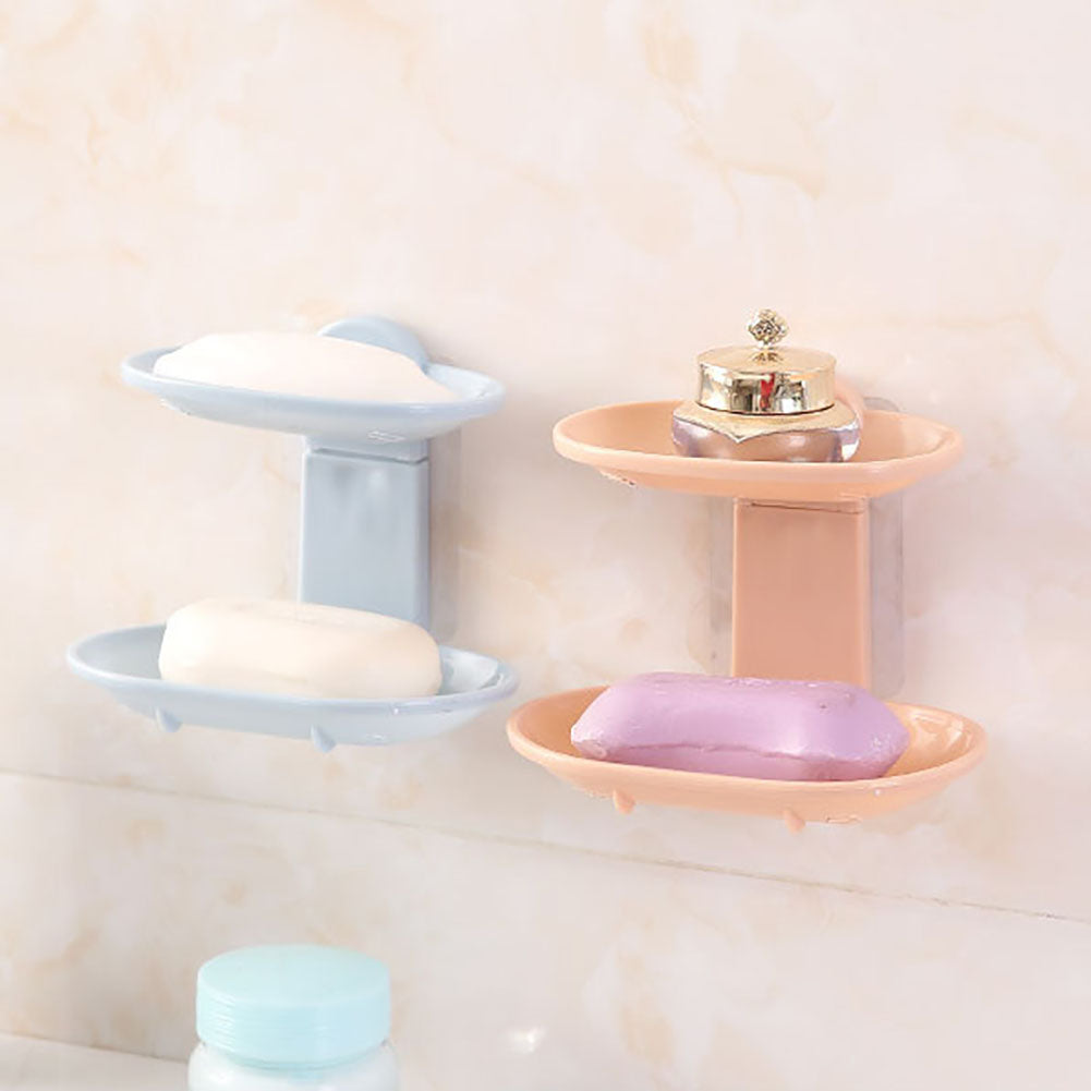 Nordic Bathroom Double Layer Adhesive Soap Dish Drain Box Storage Wall Holder