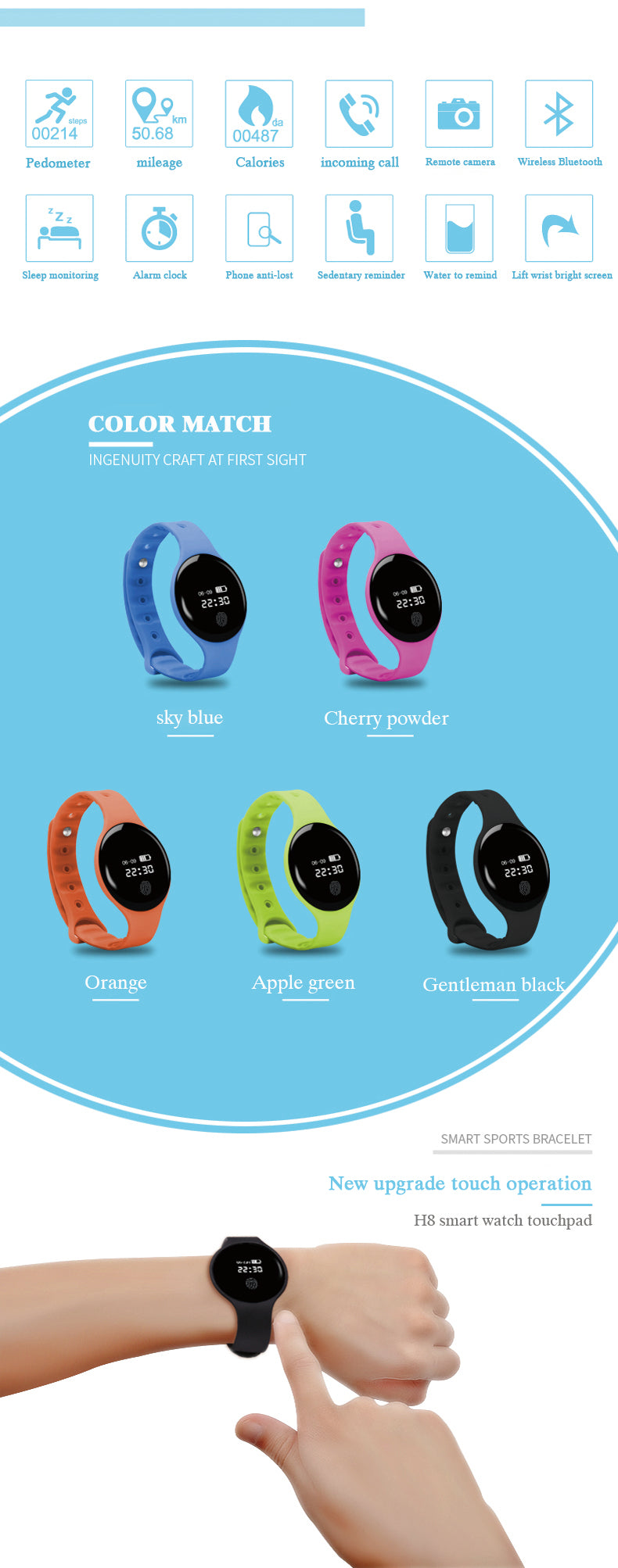 H8 smart bracelet touch gift custom sleep monitor health sport bracelet bluetooth pedometer