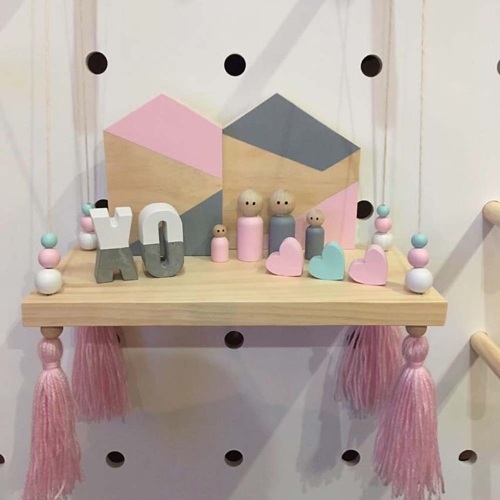 Nordic Wood Beads Board Tassels Hanging Storage Shelf Kids Room Home Wall Decor