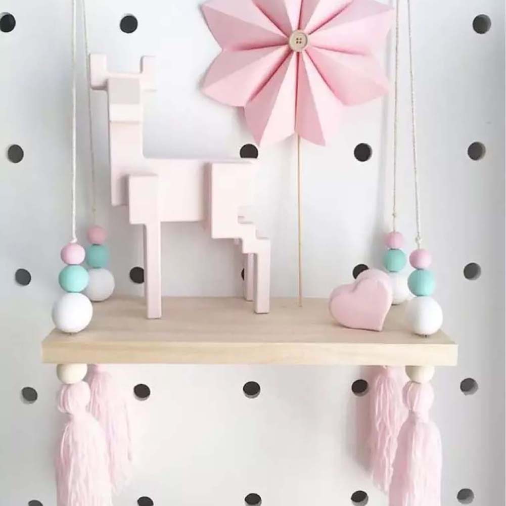 Nordic Wood Beads Board Tassels Hanging Storage Shelf Kids Room Home Wall Decor