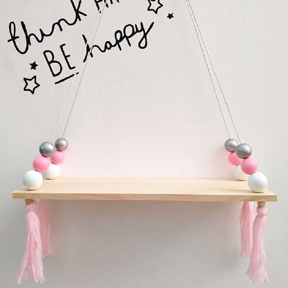 Nordic Wood Beads Board Tassels Hanging Storage Shelf Kids Room Home Wall Decor