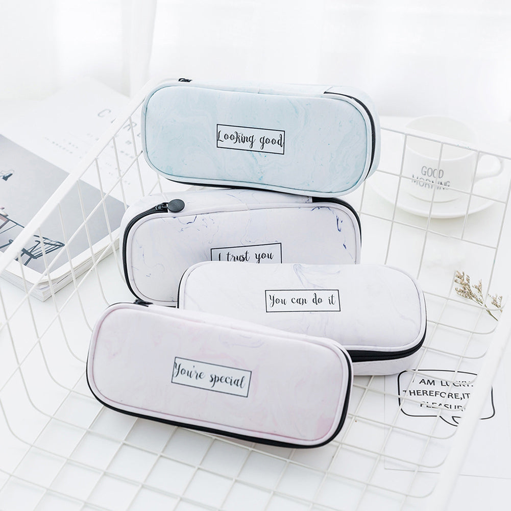 Marble Print Faux Leather Waterproof Large Capacity Pencil Bag Pen Storage Case