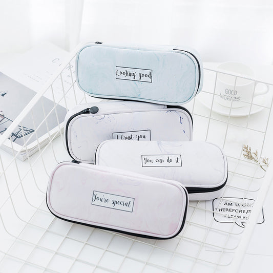 Marble Print Faux Leather Waterproof Large Capacity Pencil Bag Pen Storage Case