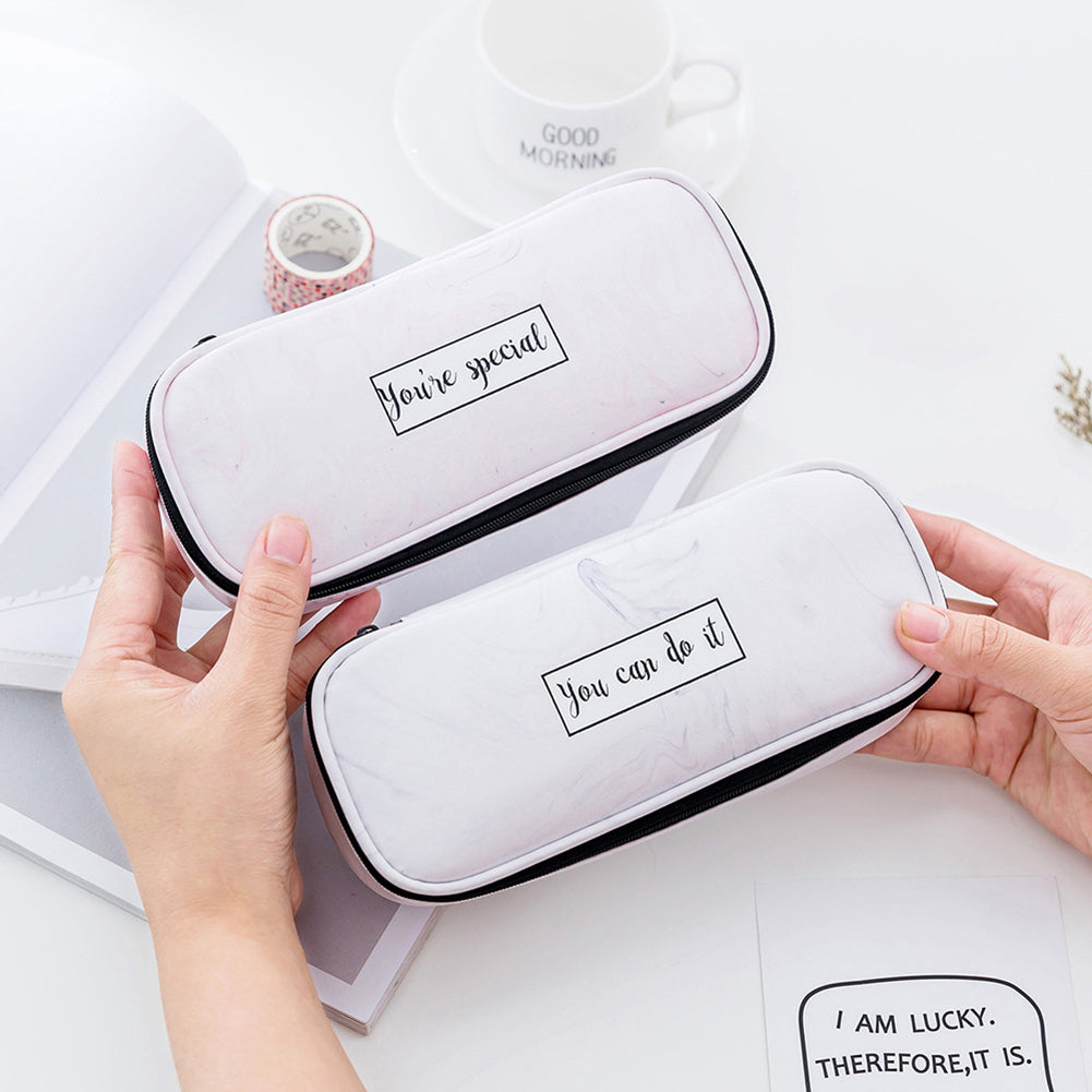 Marble Print Faux Leather Waterproof Large Capacity Pencil Bag Pen Storage Case