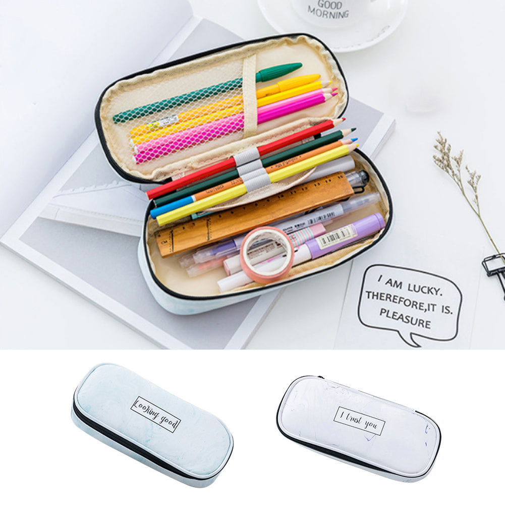 Marble Print Faux Leather Waterproof Large Capacity Pencil Bag Pen Storage Case