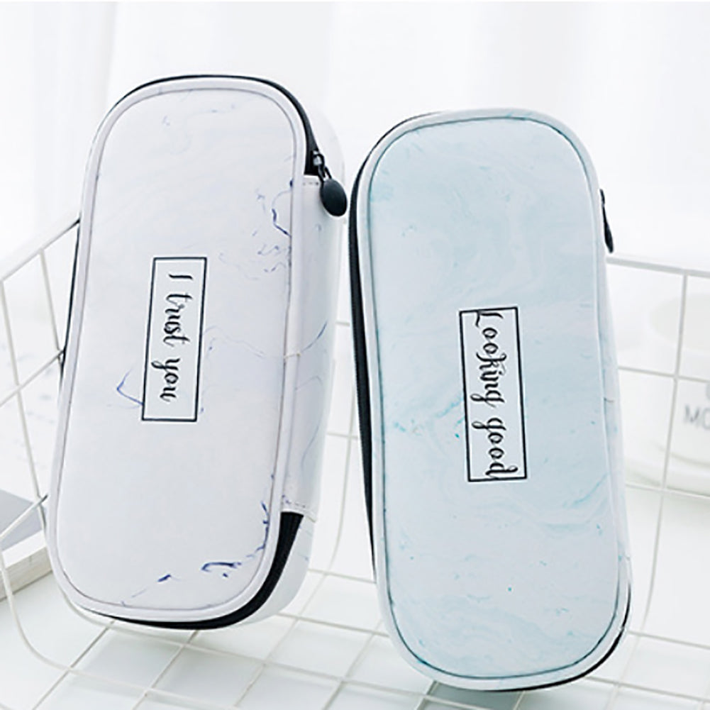 Marble Print Faux Leather Waterproof Large Capacity Pencil Bag Pen Storage Case