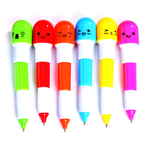 6 Pcs Cute Smiling Face Pill Ball Point Pen Telescopic Vitamin Capsule Ballpen