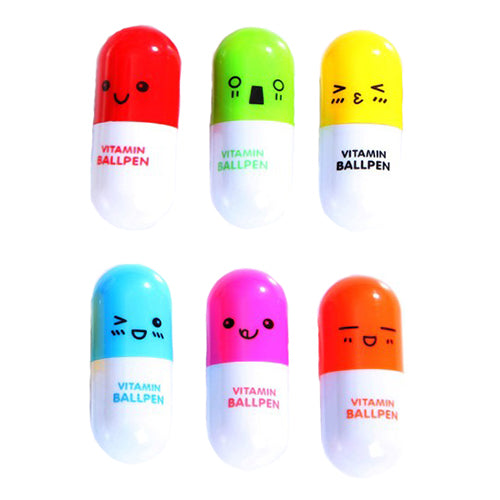 6 Pcs Cute Smiling Face Pill Ball Point Pen Telescopic Vitamin Capsule Ballpen