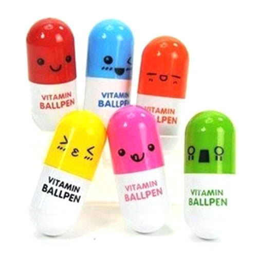 6 Pcs Cute Smiling Face Pill Ball Point Pen Telescopic Vitamin Capsule Ballpen