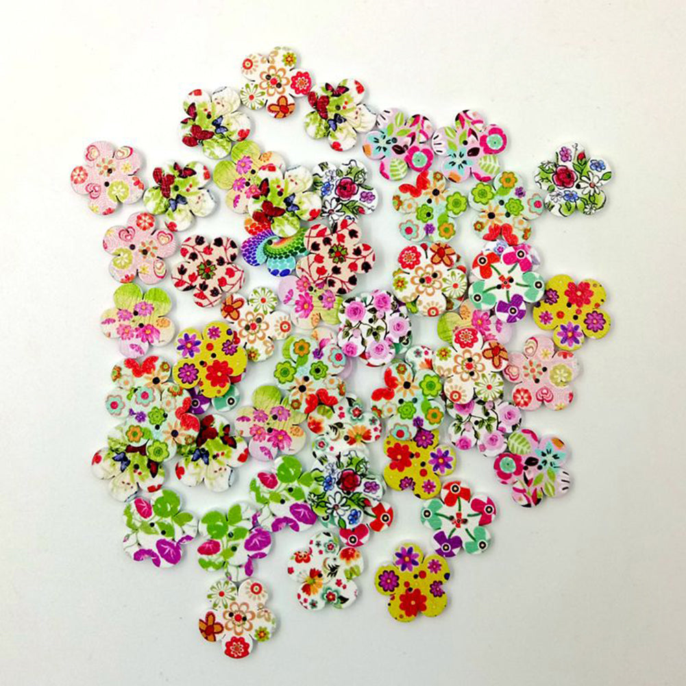 100 Pcs Wooden Cute Flower 2 Holes Buttons Sewing Scrapbooking DIY Accessory