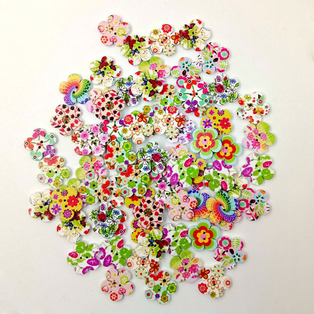 100 Pcs Wooden Cute Flower 2 Holes Buttons Sewing Scrapbooking DIY Accessory