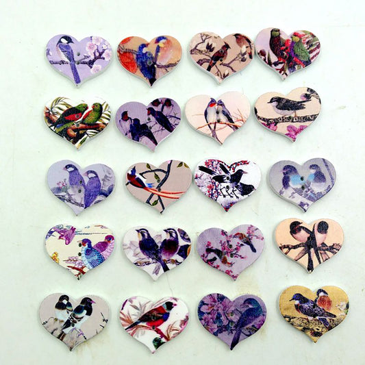 Vintage 50Pcs Bird Flower Heart Wooden Buttons DIY Scrapbooking Sewing Accessory