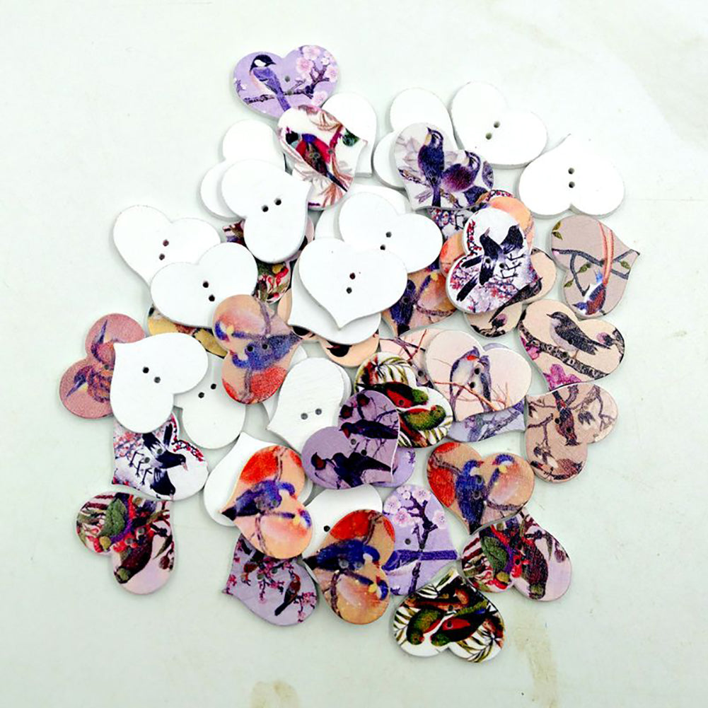 Vintage 50Pcs Bird Flower Heart Wooden Buttons DIY Scrapbooking Sewing Accessory