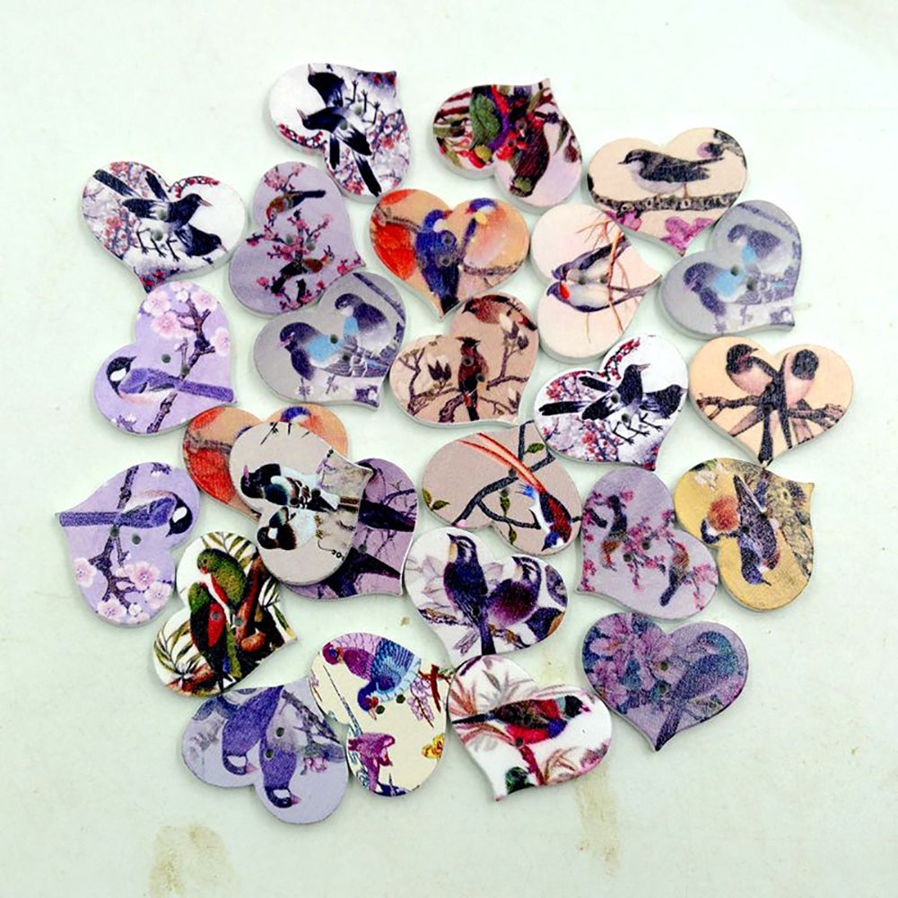Vintage 50Pcs Bird Flower Heart Wooden Buttons DIY Scrapbooking Sewing Accessory