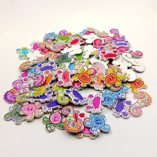 50Pcs Cartoon Sea Marine Animals Fish Crabs Seahorse 2 Holes Sewing Wood Buttons