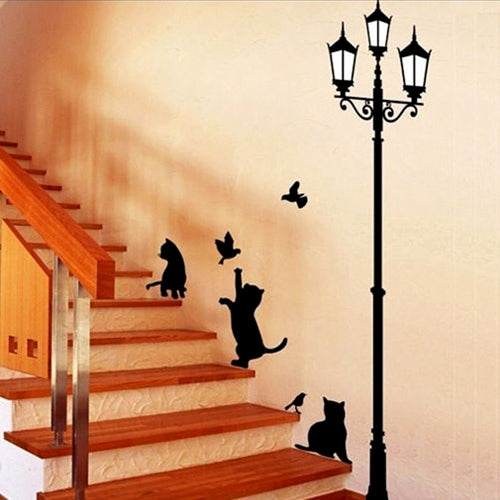 Cats Street Lamp Butterflies Flower Vase Home Room Wall Art Decal Mural Sticker