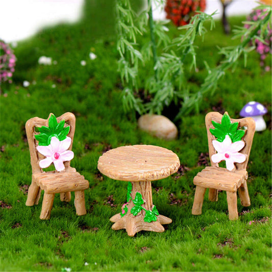 3Pcs Floral Table Chairs Miniature Micro Landscape Fairy Garden Dollhouse Decor