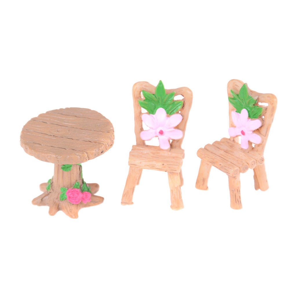 3Pcs Floral Table Chairs Miniature Micro Landscape Fairy Garden Dollhouse Decor