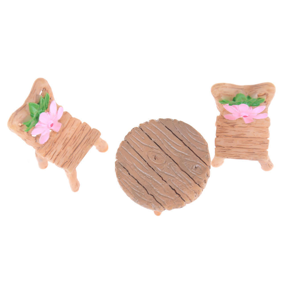 3Pcs Floral Table Chairs Miniature Micro Landscape Fairy Garden Dollhouse Decor