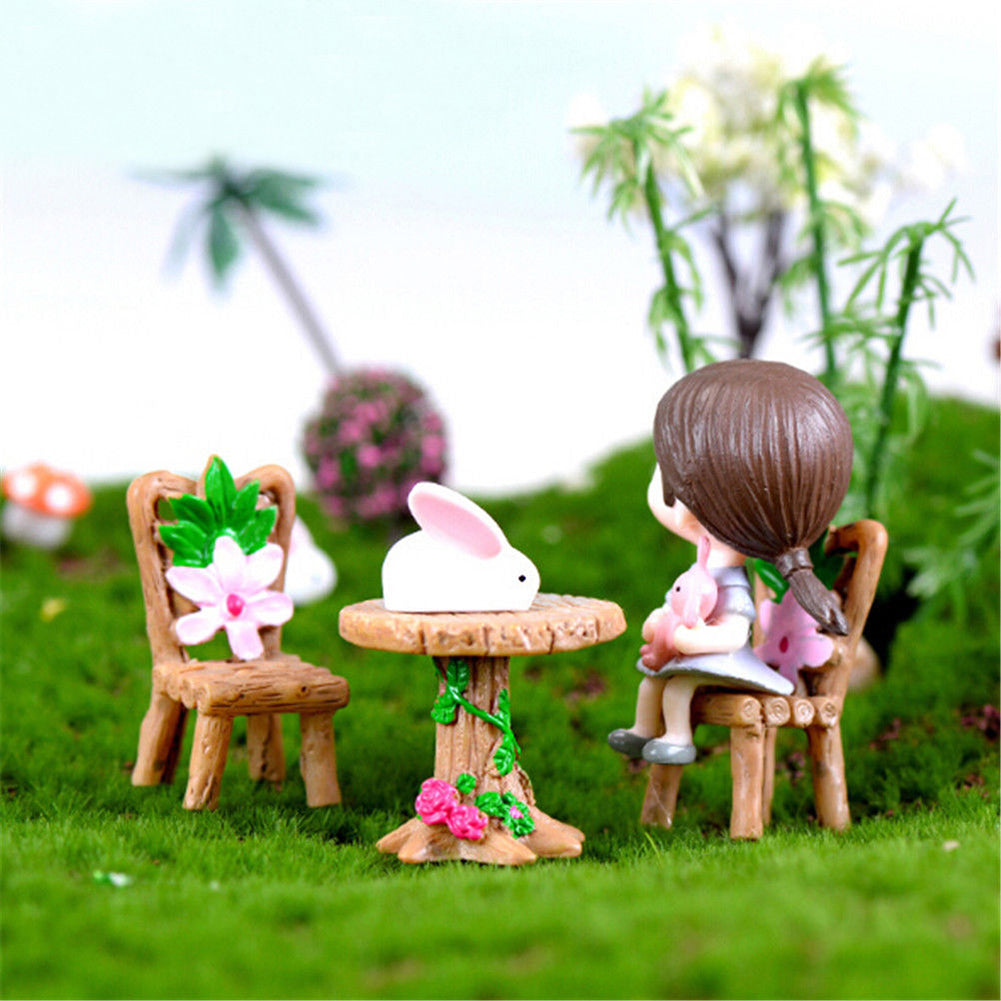 3Pcs Floral Table Chairs Miniature Micro Landscape Fairy Garden Dollhouse Decor