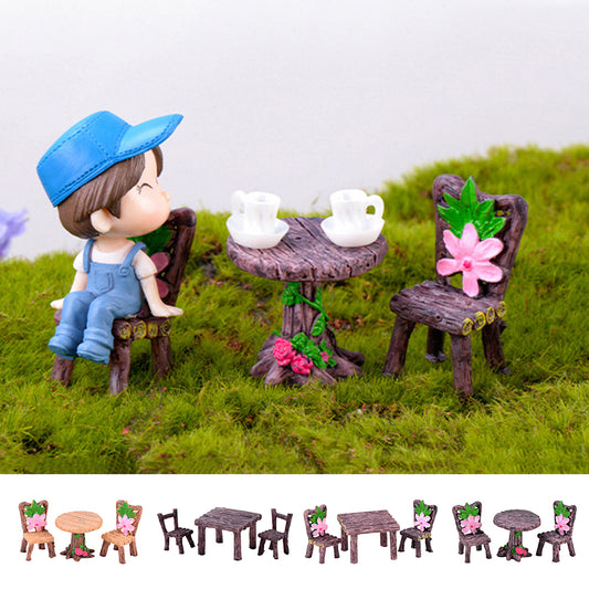 3Pcs/Set Cute Table Chair Micro Landscape Ornament Fairy Garden Miniature Decor