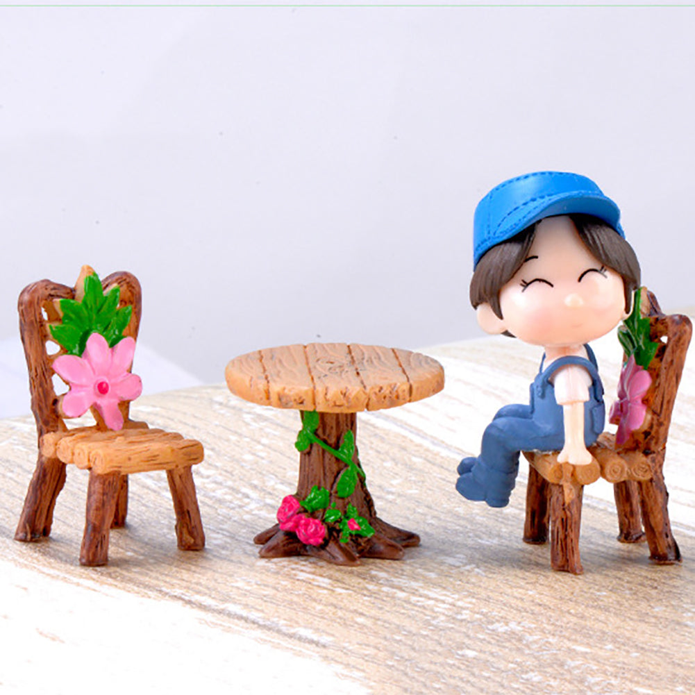 3Pcs/Set Cute Table Chair Micro Landscape Ornament Fairy Garden Miniature Decor