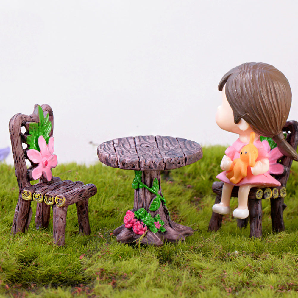 3Pcs/Set Cute Table Chair Micro Landscape Ornament Fairy Garden Miniature Decor