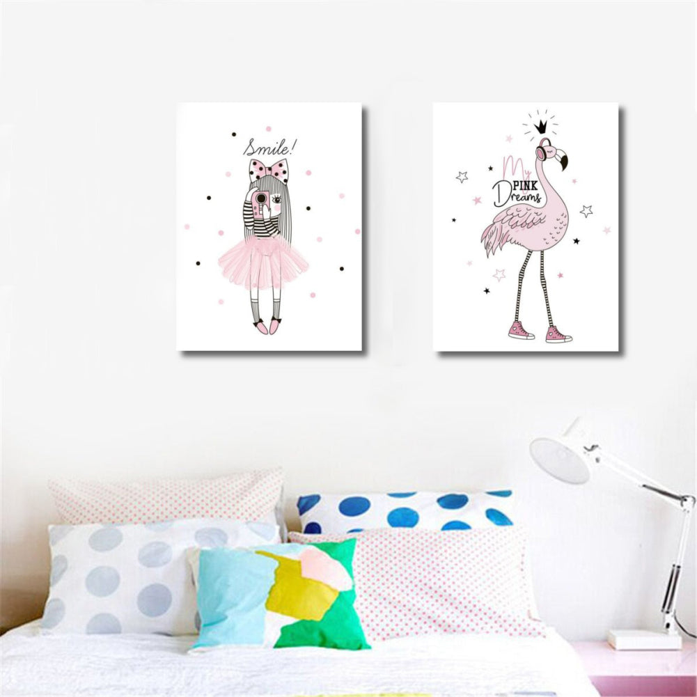 Cartoon Little Girl Flamingo Canvas Printing Unframed Home Kidsroom Wall Decor