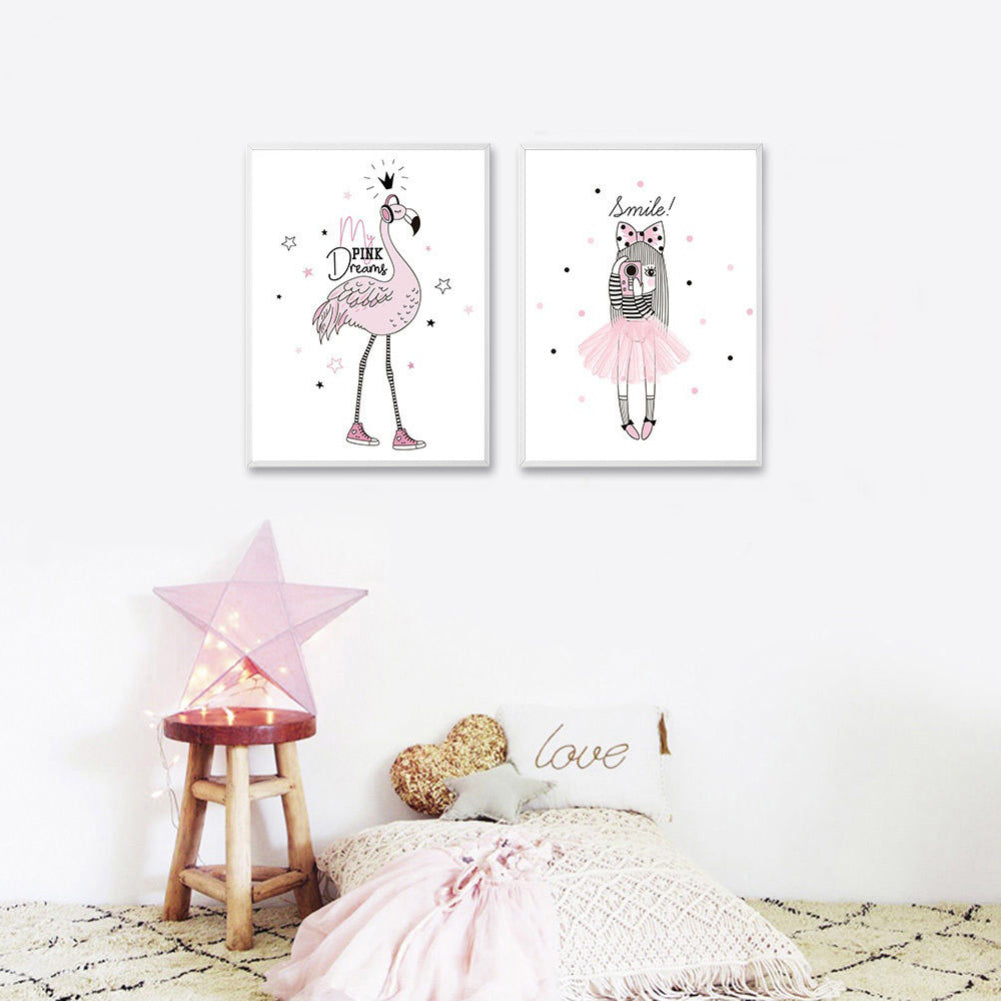 Cartoon Little Girl Flamingo Canvas Printing Unframed Home Kidsroom Wall Decor