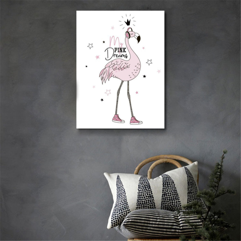 Cartoon Little Girl Flamingo Canvas Printing Unframed Home Kidsroom Wall Decor