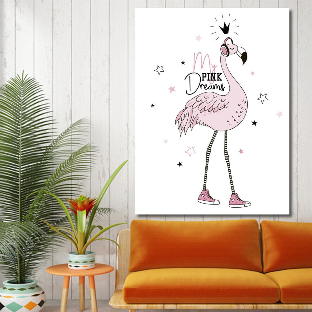 Cartoon Little Girl Flamingo Canvas Printing Unframed Home Kidsroom Wall Decor