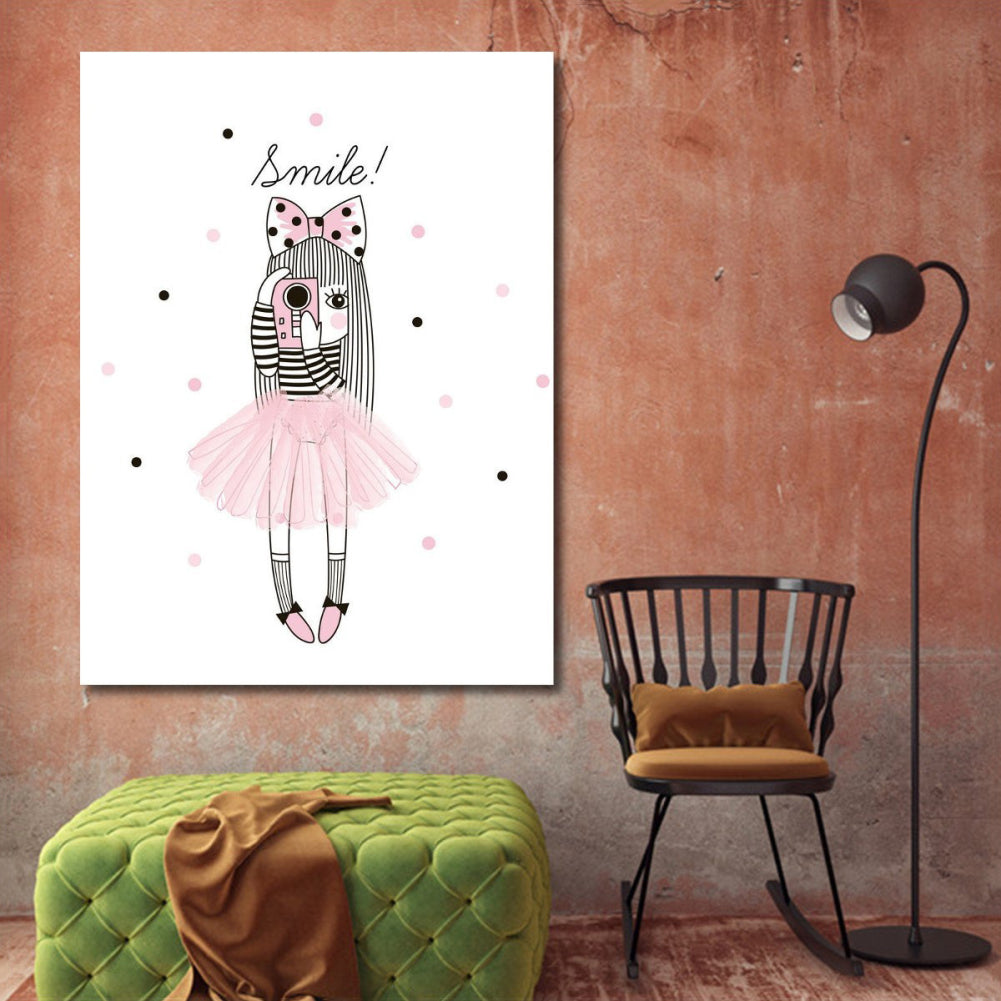 Cartoon Little Girl Flamingo Canvas Printing Unframed Home Kidsroom Wall Decor