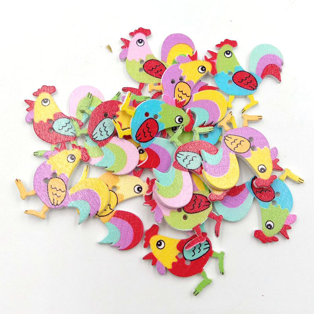 50Pcs Cartoon Rooster Chicken Wooden Buttons 2 Holes DIY Sewing Scrapbook Decor