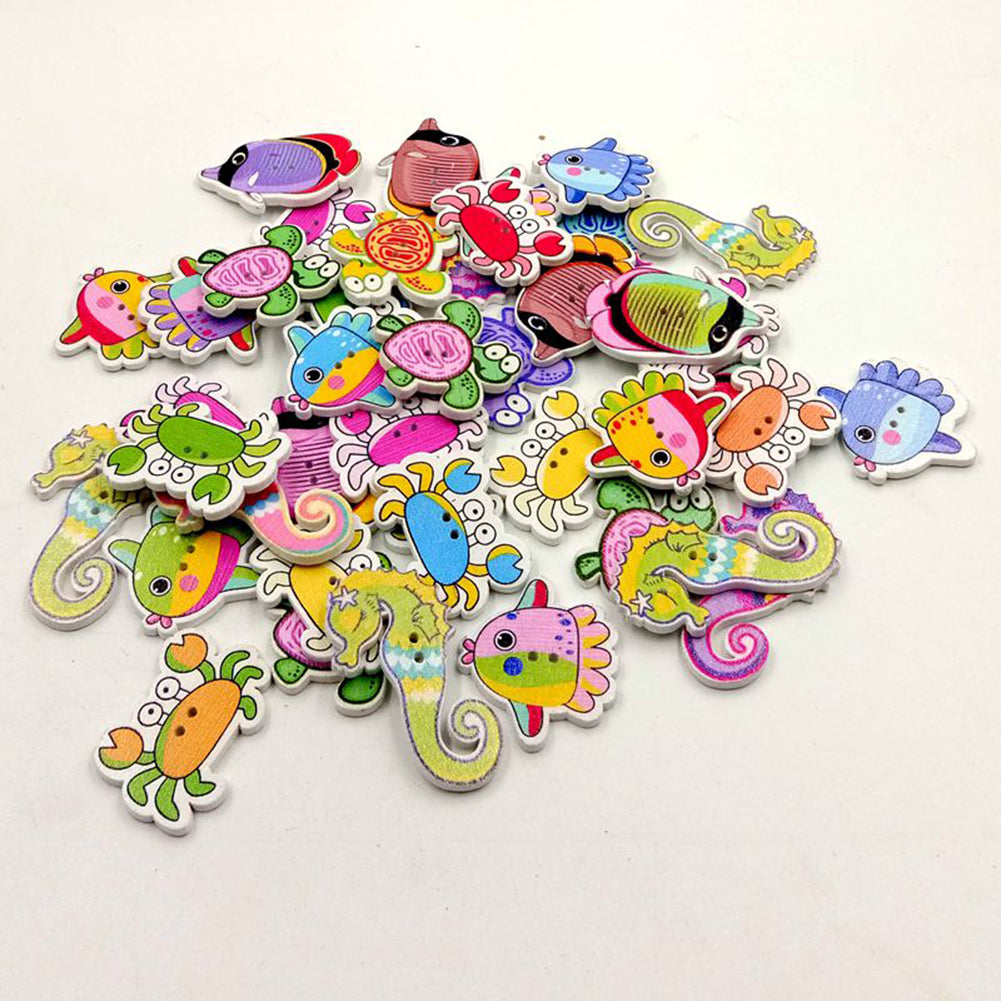 50Pcs Cartoon Sea Marine Animals Fish Crabs Seahorse 2 Holes Sewing Wood Buttons