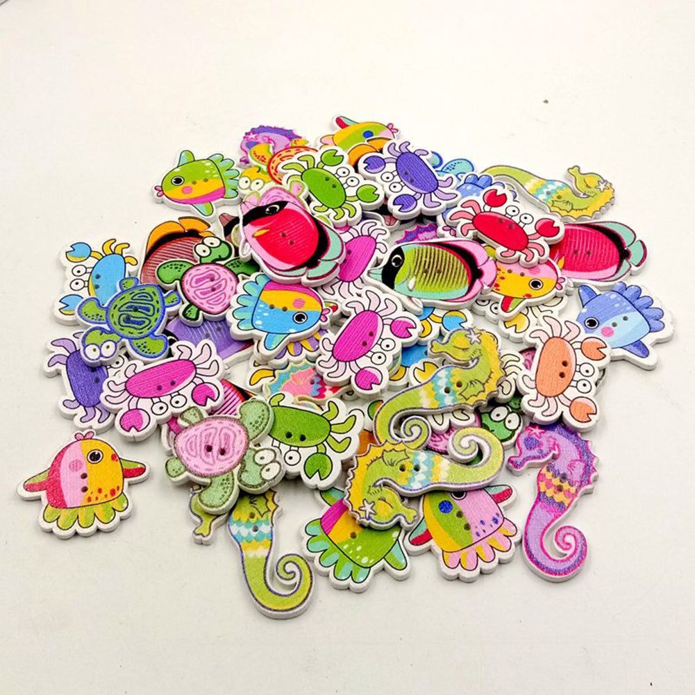 50Pcs Cartoon Sea Marine Animals Fish Crabs Seahorse 2 Holes Sewing Wood Buttons