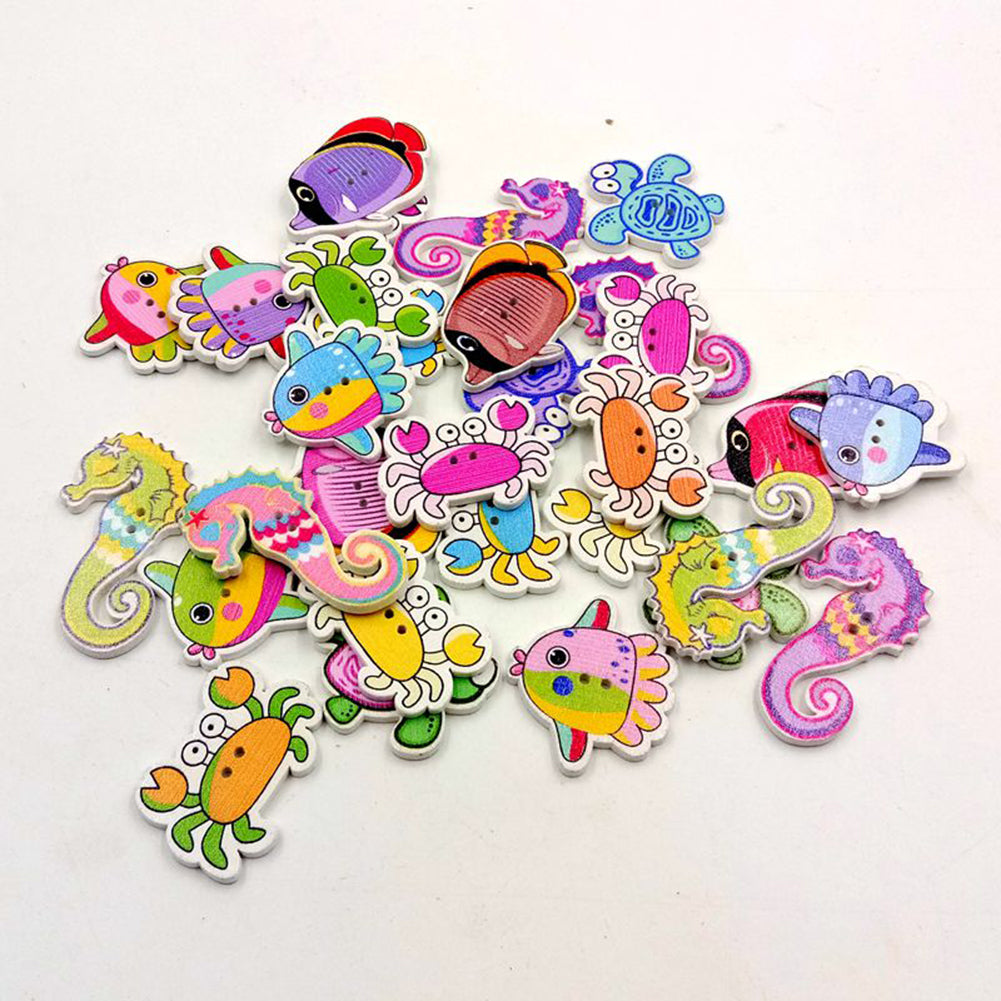 50Pcs Cartoon Sea Marine Animals Fish Crabs Seahorse 2 Holes Sewing Wood Buttons