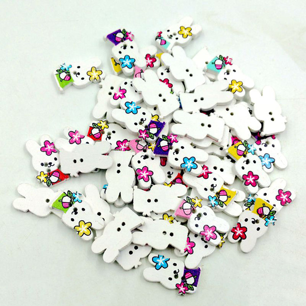 50Pcs Cute Rabbit Mix Color Wooden Buttons DIY Sewing Scrapbooking Accessory