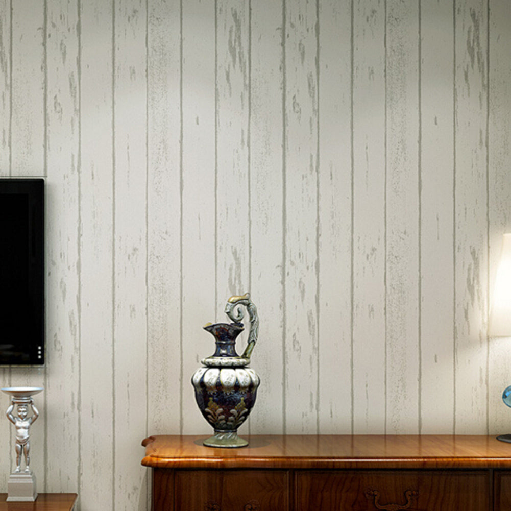 Non-Woven Fabric Vertical Wood Plank Panel Stripe Wallpaper Living Room Decor