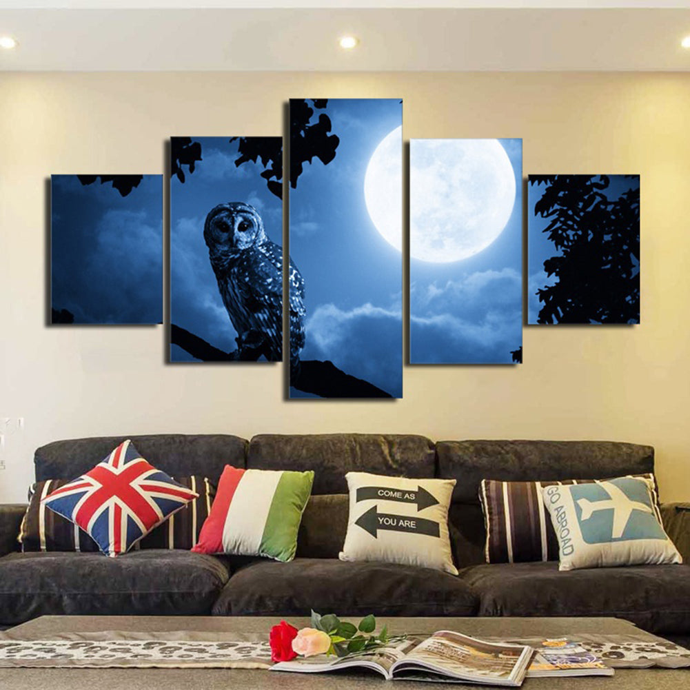 5Pcs Unframed Owl Moon Canvas Paintings Wall Art Decorative Painting Home Decor