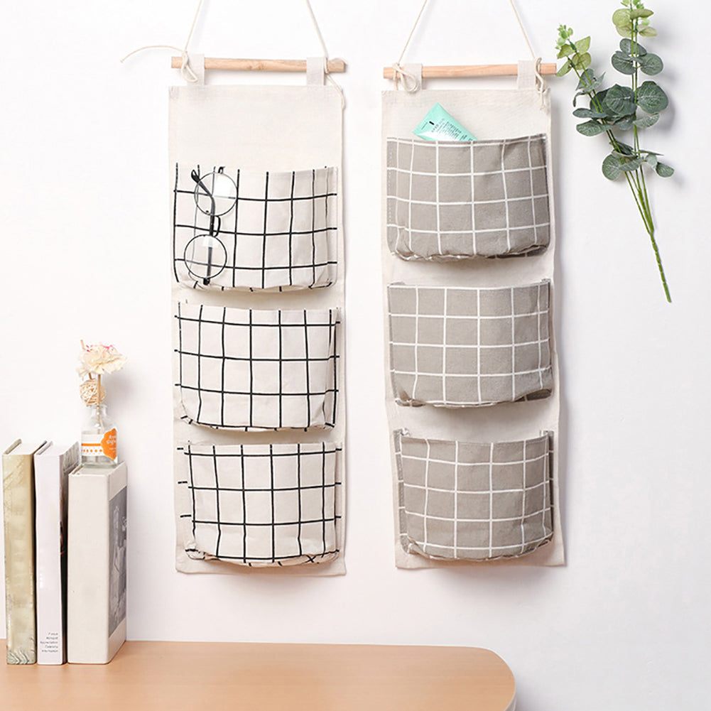 Plaid Pattern 3Pockets Wall Door Closet Waterproof Hanging Storage Bag Organizer