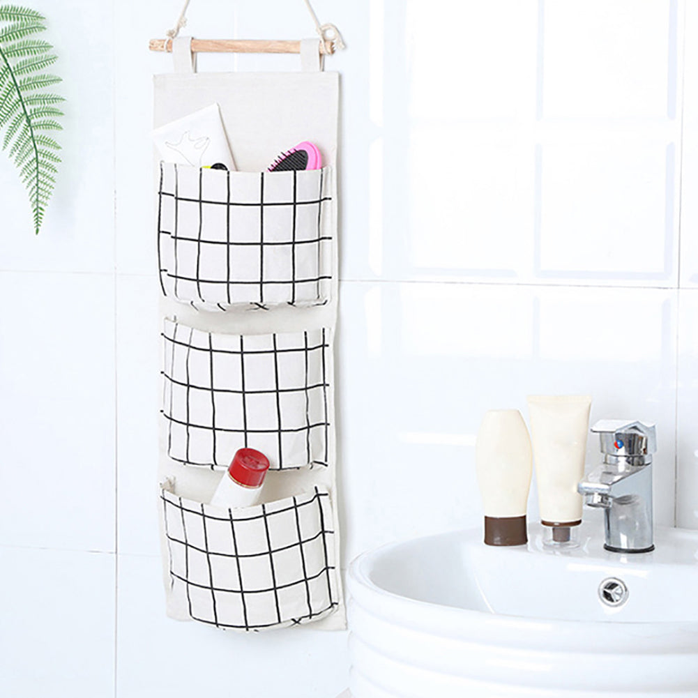 Plaid Pattern 3Pockets Wall Door Closet Waterproof Hanging Storage Bag Organizer