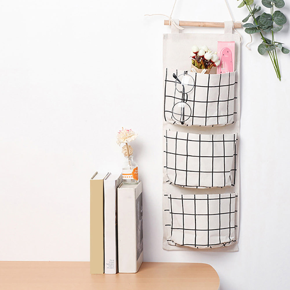 Plaid Pattern 3Pockets Wall Door Closet Waterproof Hanging Storage Bag Organizer