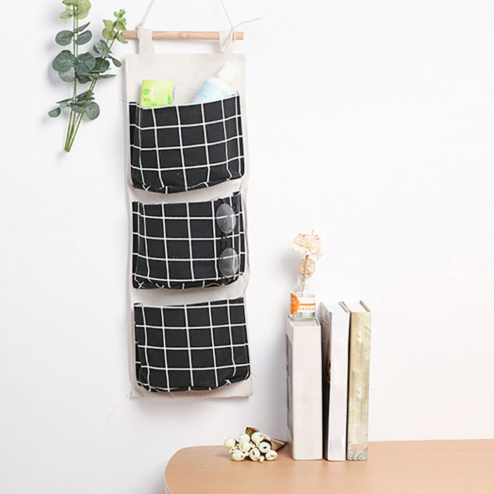 Plaid Pattern 3Pockets Wall Door Closet Waterproof Hanging Storage Bag Organizer