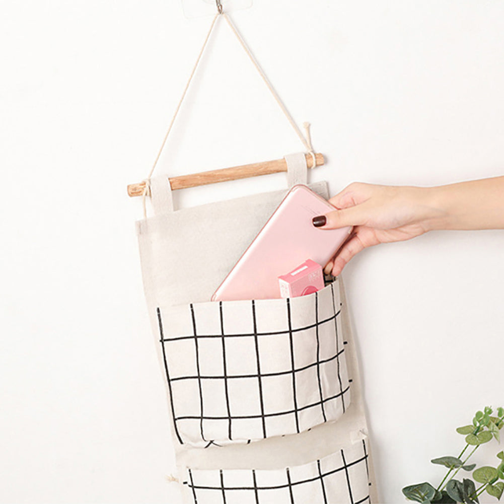 Plaid Pattern 3Pockets Wall Door Closet Waterproof Hanging Storage Bag Organizer