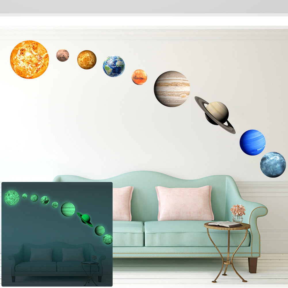 9Pcs Nine Planets Moon Earth Decor Removable Home Decal Luminous Wall Stickers